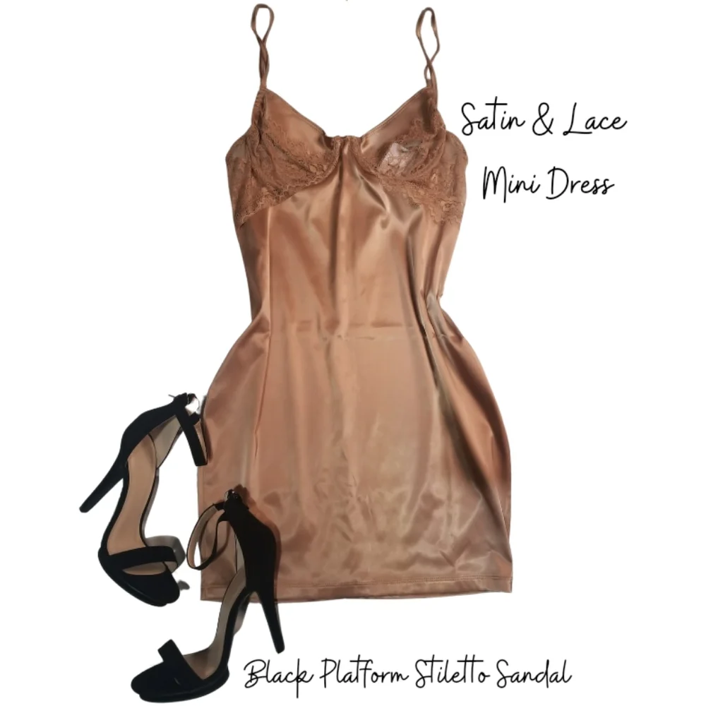Satin Style Lace Mini Slip Dress- Champagne - Picture 2 of 7
